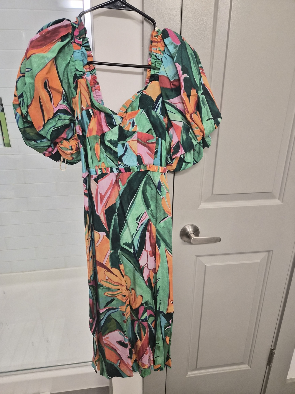 FARM Rio Tropical Puff-Sleeve Midi Dress - Green, Pink & Orange